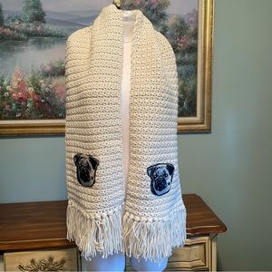 Hand Made Crochet Ivory Cream Winter Embroidered PUG Scarf Fringe 66” New